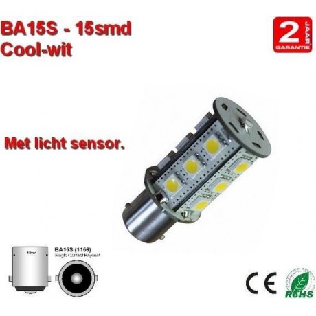 BA15S-15smd Cool-wit  - met lichtsensor 10-30v