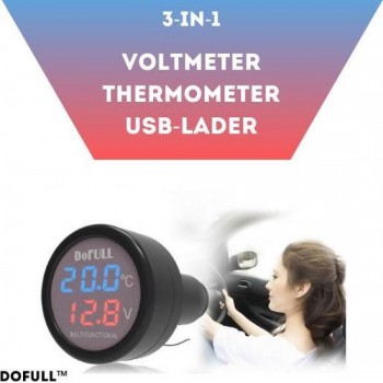 DoFULL 3-in-1 Voltmeter Auto - Thermometer - USB-Lader - Groen Display - 12V/24V