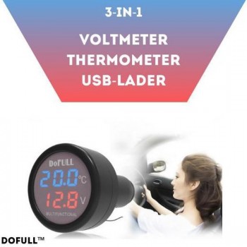 DoFULL 3-in-1 Voltmeter Auto - Thermometer - USB-Lader - Blauw Display - 12V/24V