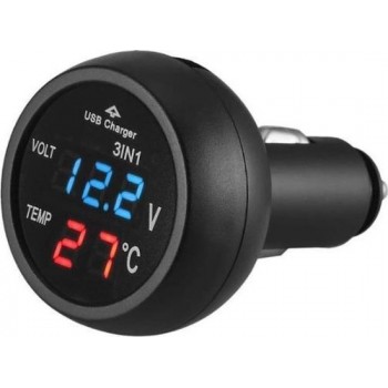 VST 3-in-1 Voltmeter Auto - Thermometer - USB-Lader - Blauw Display - 12V/24V - Autolader