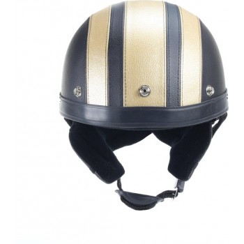 Vintage zwart - goud leren pothelm + chrome motorbril | motor / scooter helm | maat M/L
