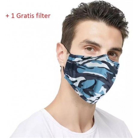 OV-Mask Blauw | Wasbaar Mondkapje met filter | +1 gratis filter | Mondkapjes verstelbaar blauw camouflage mondmasker