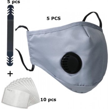 5 pack mondmasker - mondkapje met ademfilter grijs - complete set