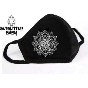 GetGlitterBaby - Niet Medisch Katoenen Mondkapje Zwart / Wasbaar Mondmasker Katoen - Mandala Wit