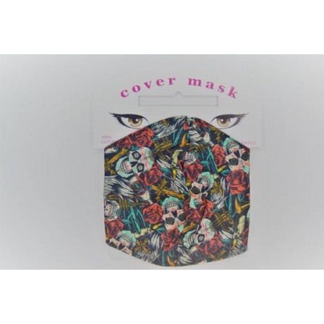 Comfort Face Mask doodskop met rozen 100% katoen - Mondmasker - Mondkapje - Herbruikbaar & wasbaar - doodskop met rozen