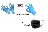 Handschoenen gepoederd latex blauw maat S 200 stuks + 10x mondmasker zwart - bacteriën, virussen covid19 wegwerp