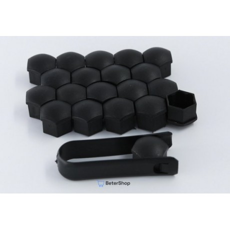 Wielmoerkapjes 19 mm - Zwart glans - Kunststof - Set van 20 stuks incl. tweezer tool - Universeel